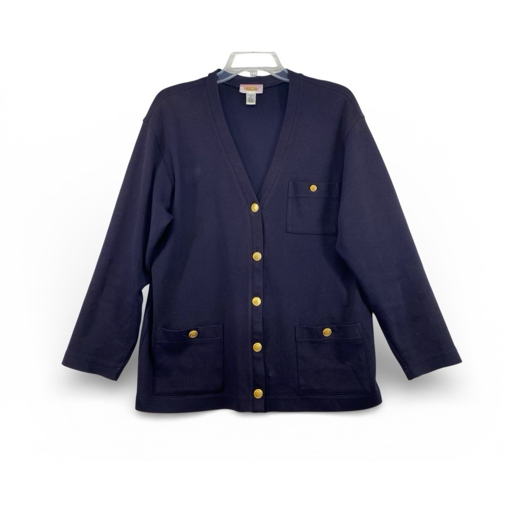 Vintage Talbots Cotton Cardigan M Navy Gold Buttons V-neck Nautical Classic
